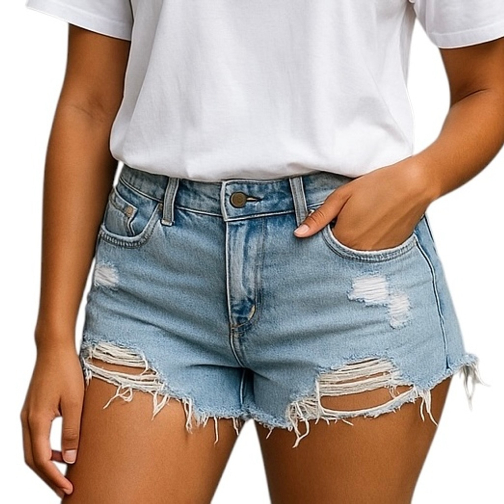 ISSGI Distressed Fringe Western Daisy Duke Denim High Rise Jean Shorts Size 28